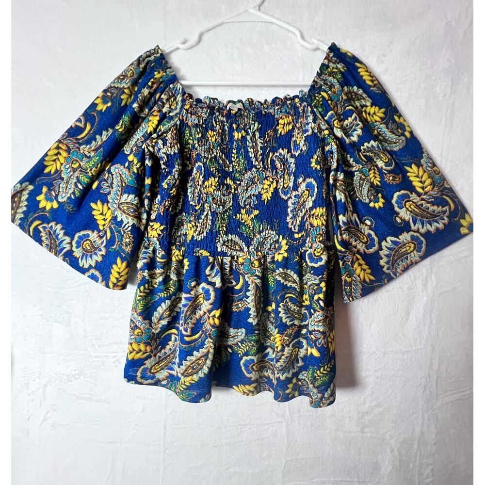 ✨Status By Chenault M Off Shoulder Peasant Blouse Boho Floral Blue Yellow